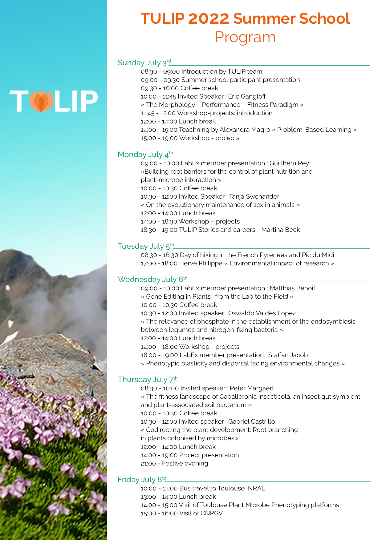 Programme TULIP summer school 2022